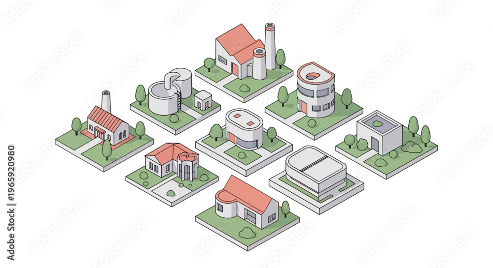 Fototapeta premium Collection of Diverse Isometric Buildings and Structures.