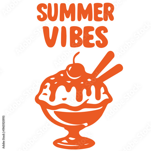 Summer vibes orange ice cream sundae with toppings dessert glass illustration