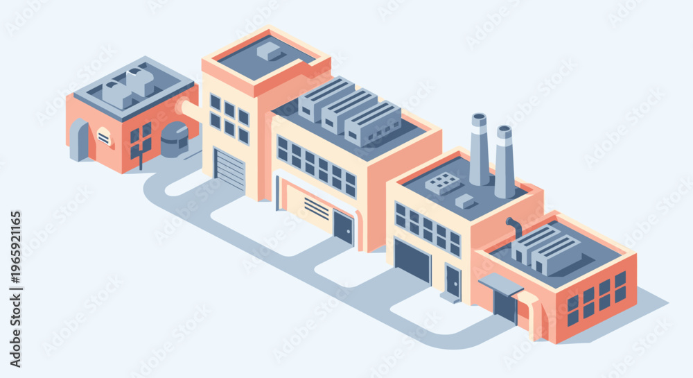 Obraz premium Isometric Factory Buildings Industrial Complex Modern Architecture.