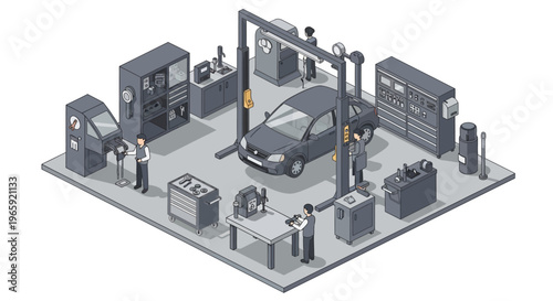 Isometric car repair shop with skilled mechanics performing vehicle maintenance and service. Diagnostic tools and professional equipment ensure efficient auto care