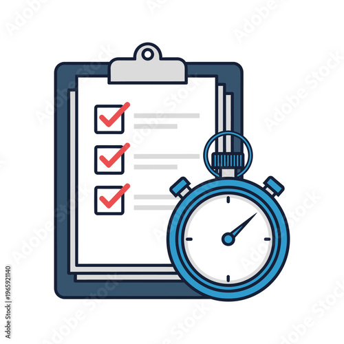 Essential vector illustration depicting a clipboard checklist with completed tasks and a stopwatch symbolizing efficient time management and performance tracking goals.