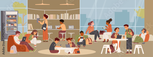 Diverse children relaxing during school break in a modern space flat vector illustration.