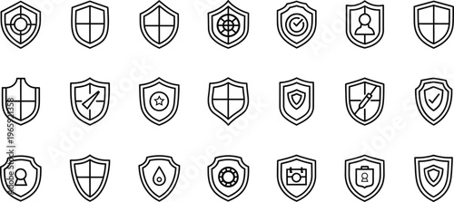 Modern cybersecurity shield icon set representing data protection privacy secure access antivirus defense user safety and digital security concepts in clean minimal outline style