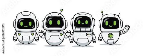 Adorable vector illustration featuring a lineup of four cute, friendly white cartoon robots with glowing green digital screens and waving limbs for technology concepts.