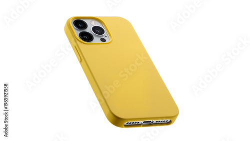 Konstfotografi Yellow silicone phone case with camera cutout, isolated on transparent backgroun