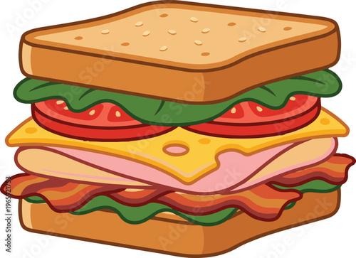 Cartoon-style illustration of a stacked deli sandwich with layers of bread, cheese, meat, tomato, and lettuce, designed in a colorful and clean vector format.