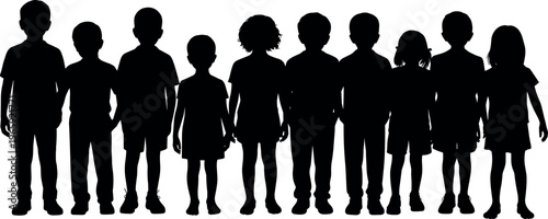 Diverse group of children silhouettes standing together isolated on white background representing unity, friendship, childhood, and inclusive education concept