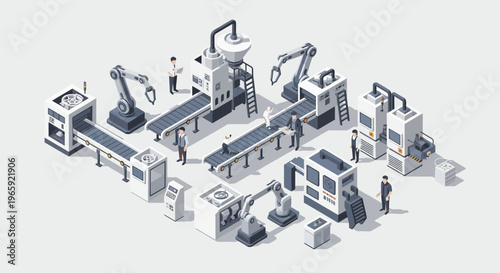 Isometric Smart Factory with Automated Production Line and Robotic Arms.