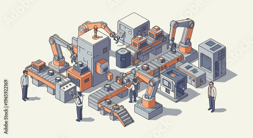 Modern automated smart factory with robotic arms, conveyor belts, and sophisticated machinery, illustrating efficient industrial production and technological advancement
