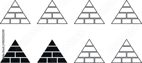 Pyramid Icon Set Featuring Layered and Brick Structures for Business, Organization, and Hierarchy Representations