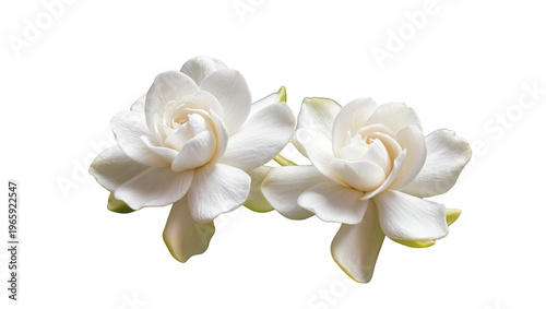 Schilderij op canvas Two pristine white gardenia flowers with delicate green-tinged petals, isolated