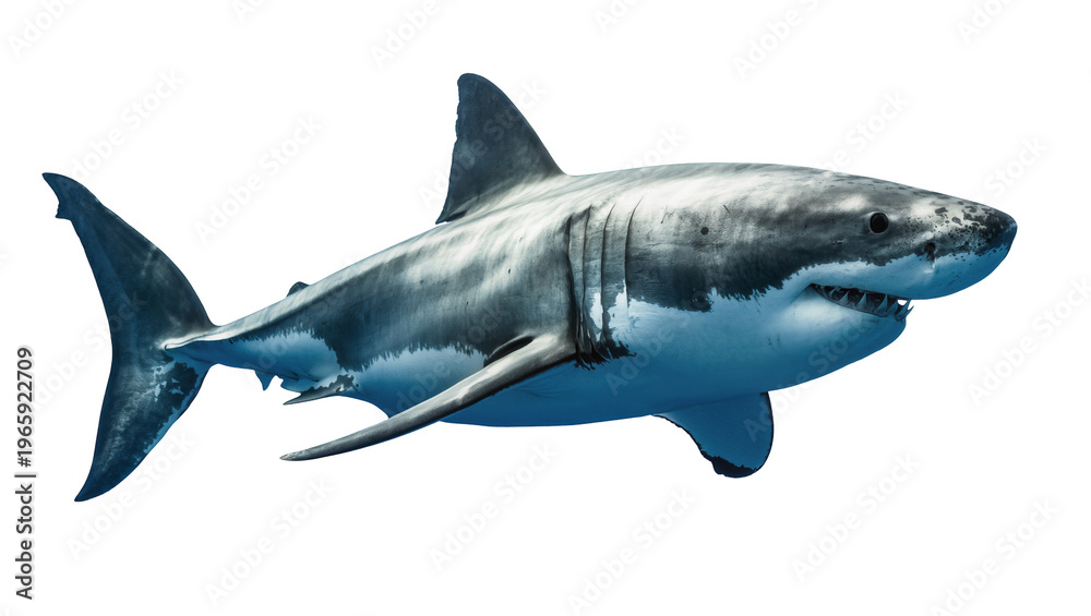 Fototapeta premium Powerful grey Great White Shark swimming, isolated on transparent background