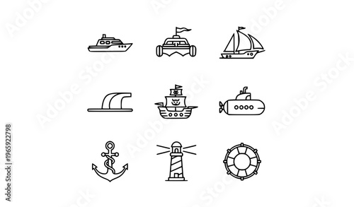 Marine vessel outline icon collection with boat submarine sailing ship and nautical symbols for web UI