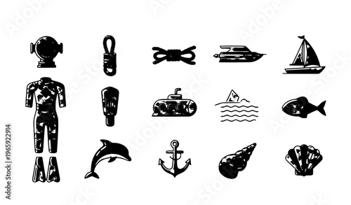 Modern marine line icon collection with dolphin fish submarine sailboat and ocean elements