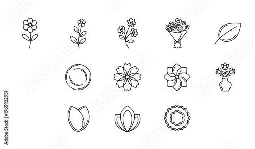 Stylized floral outline icon collection with flower plate leaf and decorative elements for web UI