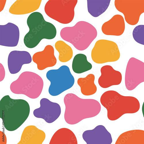 A vibrant seamless pattern featuring an array of colorful organic blob shapes on white background