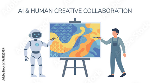 AI and human creative collaboration, with a robot and a man painting an abstract artwork together on a canvas.