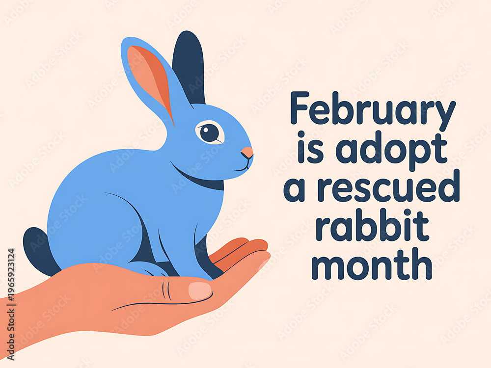 Fototapeta premium Rabbit adoption awareness month illustration with hand holding blue cartoon bunny Adopt a rescued rabbit in February transparent background