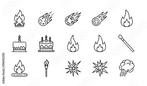 Burning outline icon set with flame asteroid meteor cake and fire elements for UI design