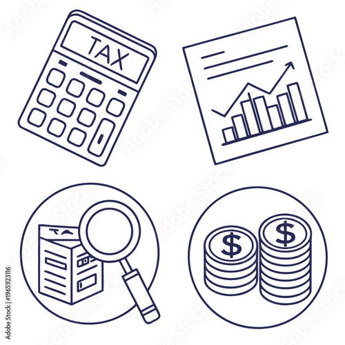 Financial icons for tax calculation and business analysis with graph coins and magnifying glass on documents and calculator