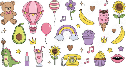 Playful Kawaii Icons Set Featuring Teddy Bear, Hot Air Balloon, Ice Cream, Music Notes, Rainbow, Flowers, and More