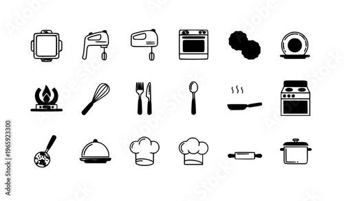 Modern cooking line icon collection with oven mixer pan and kitchen elements