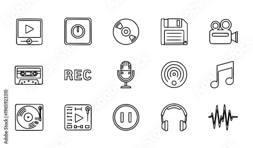 Recording and media outline icon set with microphone podcast cd cassette and player controls for UI design