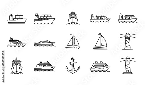 Marine transport outline icon set with cargo ship yacht sailboat and nautical symbols in thin line style