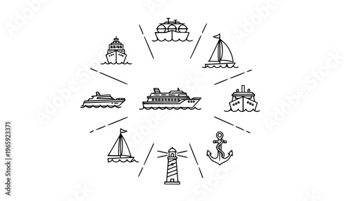 Marine vessel outline icon collection with transport ships yacht sailboat and nautical elements for web UI