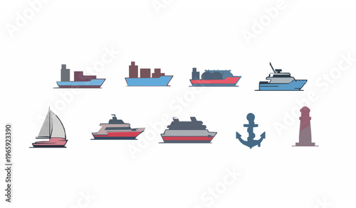 Modern marine transport line icon collection with ships yacht sailboat and nautical elements