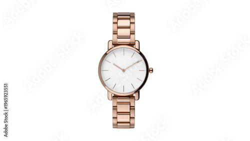 Photography Rose gold wristwatch white minimalist dial, isolated on transparent background