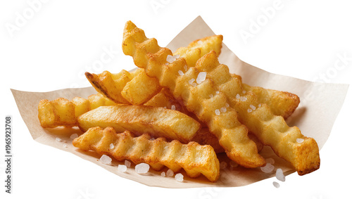 Salted golden crinkle-cut fries on brown paper, isolated on transparent background