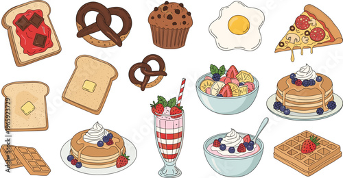 Delicious Breakfast and Dessert Vector Icons Set Featuring Pancakes, Waffles, Pizza, Muffins, Smoothies, and More
