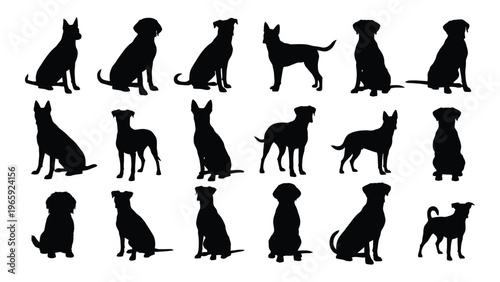 A collection of various dog breeds depicted in black showcasing different poses and sizes presented as a silhouette