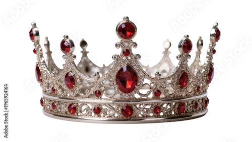 Bilde på lerret Ornate silver crown adorned with red ruby gemstones and intricate filigree, isol