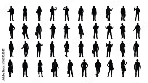 A collection of diverse black silhouettes depicting people in various casual poses and outfits showing everyday life silhouette