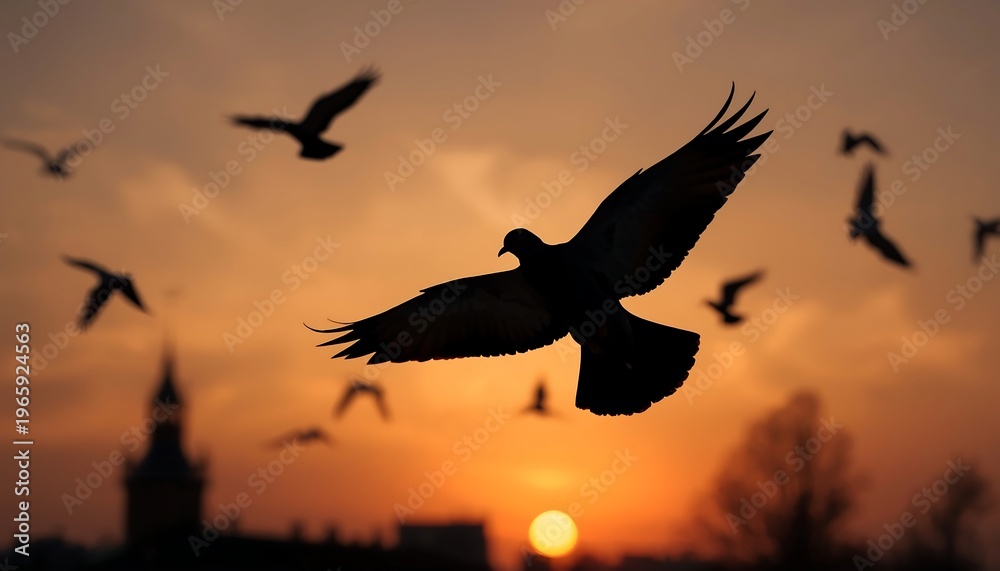 Fototapeta premium Pigeons flying freely in silhouette over a city skyline against a beautiful orange and yellow sunset sky.