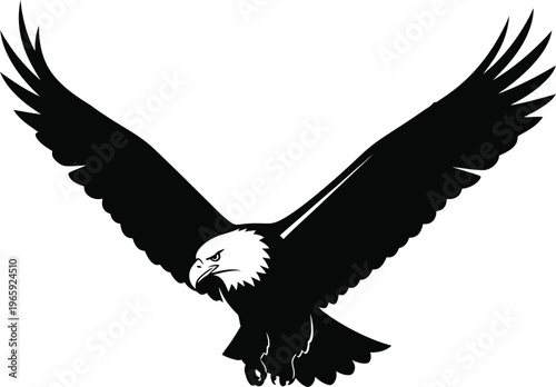 A bold black silhouette illustration of a majestic american bald eagle soaring in the open sky Vector