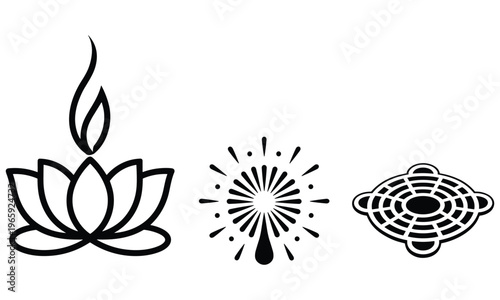 Lotus flower and diya oil lamp vector icon set for festival decoration and spiritual design