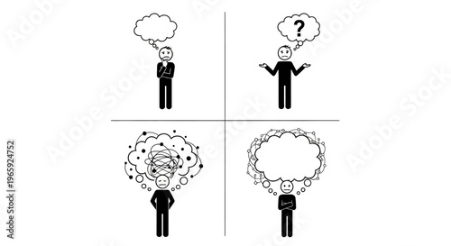 Stick figures expressing thoughts, confusion, and ideas with speech bubbles and question marks on an isolated white background, depicting contemplation.