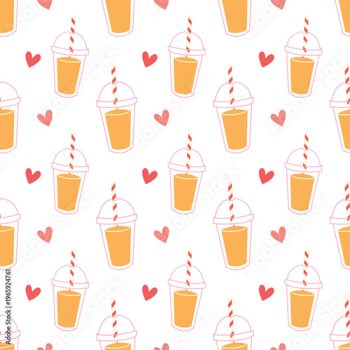 Orange juice seamless pattern cute cartoon style with hearts refreshing drink background for textile and wrapping paper design