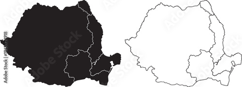 Romania regions map with county borders in black and white