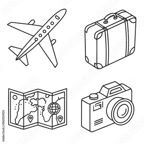 Isometric vector illustration of travel essentials including airplane luggage map and camera for vacation planning and adventure exploration