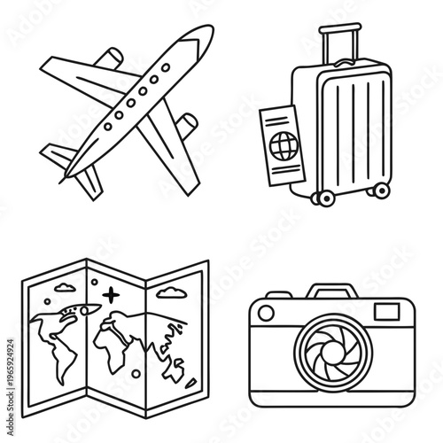Vector illustrations of travel equipment including airplane luggage map and camera essential for vacation planning and exploring world destinations