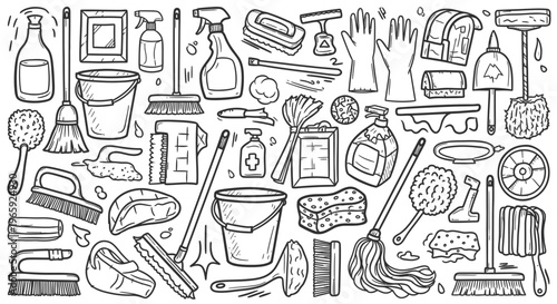 Household Cleaning Supplies Doodle Set with Hand Drawn Mops, Sponges, and Bottles on Isolated White Background
