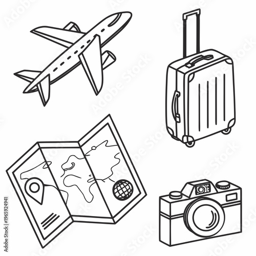 Set of travel icons showing plane flying suitcase with telescopic handle map with location pin and dslr camera for digital nomad and blogger life