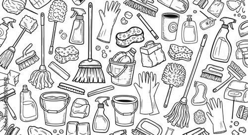 Cleaning Supplies Doodle Set with Hand Drawn Brushes, Mops, and Detergents on Isolated White Background