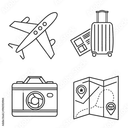 Trip essentials collection with aircraft boarding pass suitcase map with route and vintage camera illustration for travel blog and brochure design