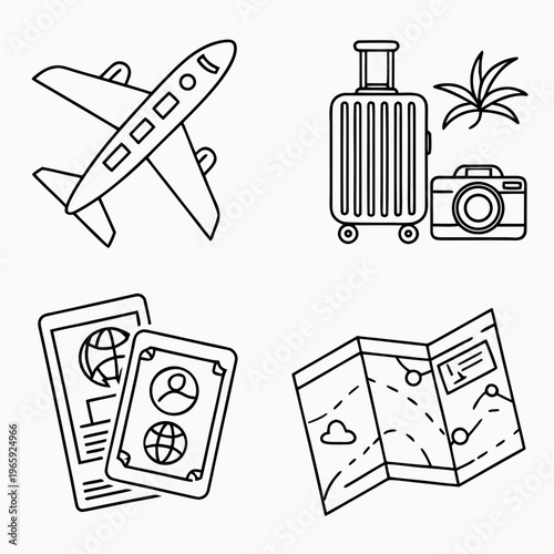 Collection of travel items like airplane luggage camera and passport for international trips and planning adventures abroad for vacations