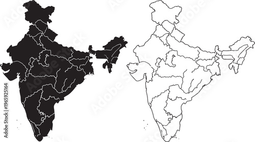 India map with state borders and outline on white background  geographic illustration